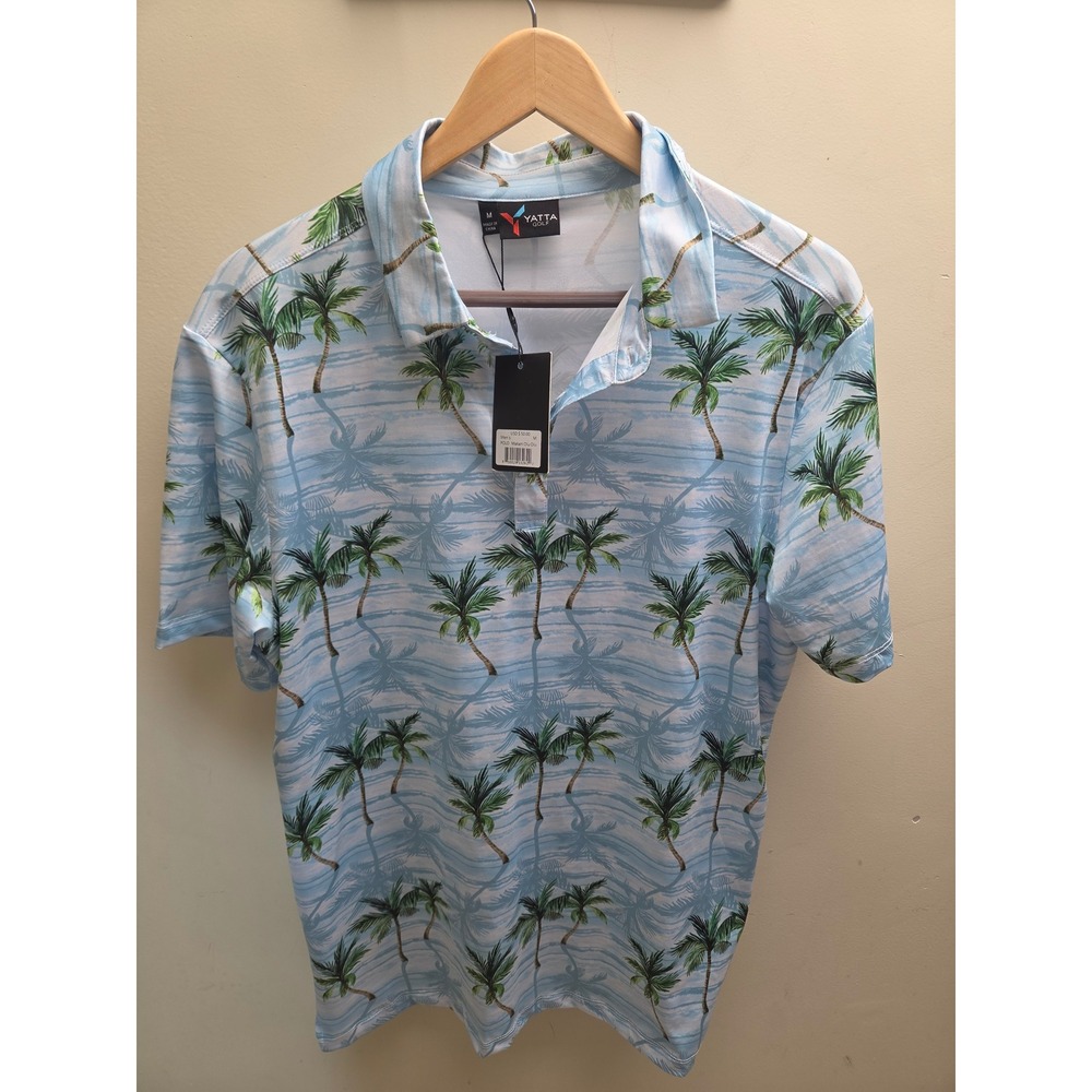 Yatta Golf Makani Olu Olu Mens‎ Polo Shirt Medium Blue Palm Tree Tropical NWT